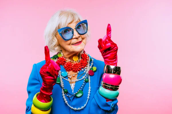 Happy Funny Cool Old Lady Fashionable Clothes Portrait Colored Background — Fotografia de Stock