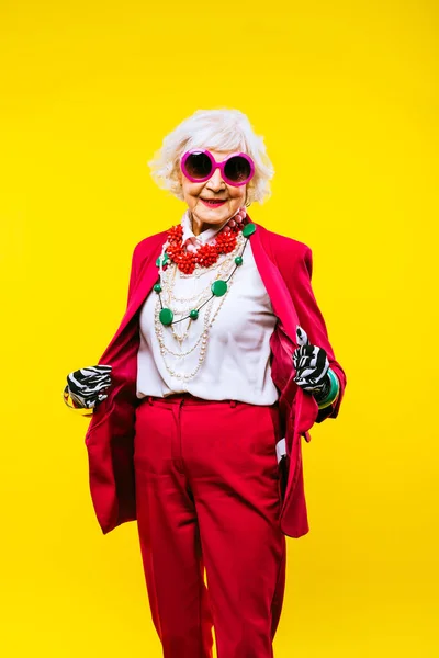 Happy Funny Cool Old Lady Fashionable Clothes Portrait Colored Background — Fotografia de Stock