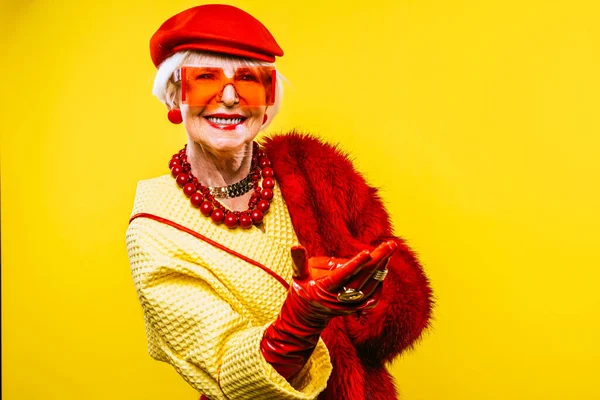 Happy Funny Cool Old Lady Fashionable Clothes Portrait Colored Background — Fotografia de Stock