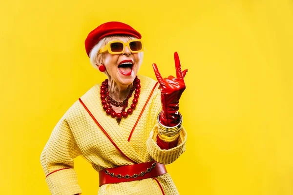 Happy Funny Cool Old Lady Fashionable Clothes Portrait Colored Background — Stock Photo, Image