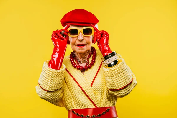 Happy Funny Cool Old Lady Fashionable Clothes Portrait Colored Background — Fotografia de Stock