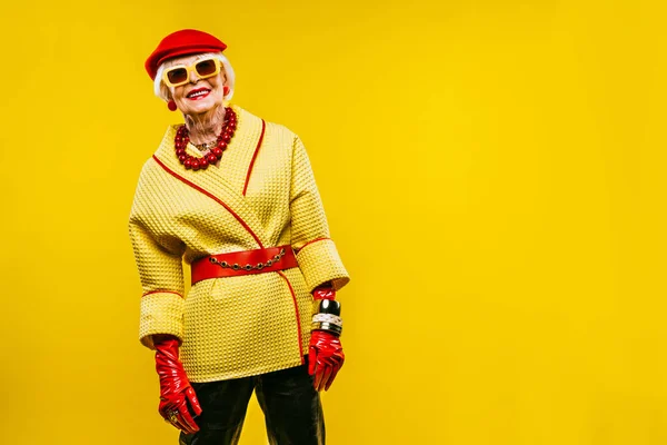 Happy Funny Cool Old Lady Fashionable Clothes Portrait Colored Background — Fotografia de Stock