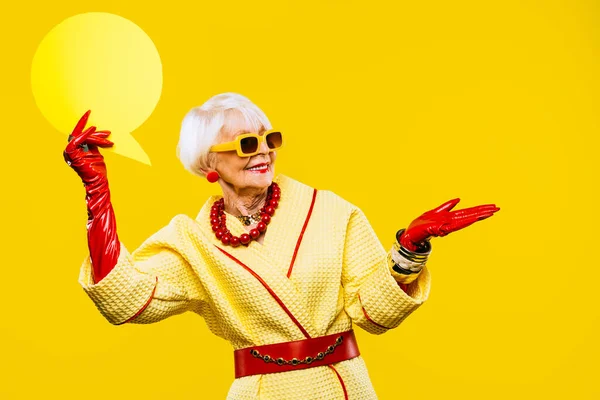 Happy Funny Cool Old Lady Fashionable Clothes Portrait Colored Background — Stock Photo, Image