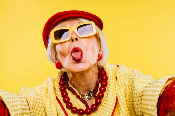 Happy Funny Cool Old Lady Fashionable Clothes Portrait Colored Background — Fotografia de Stock