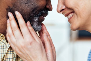 Çok ırklı yaşlı bir çiftin sinematik görüntüsü. Evdeki yaşam tarzı anları. Kıdem ve ilişkiler hakkındaki kavram