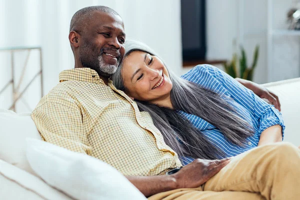 Cinematic Image Happy Multiethnic Senior Couple Indoors Lifestyle Moments Home — Stock Photo, Image