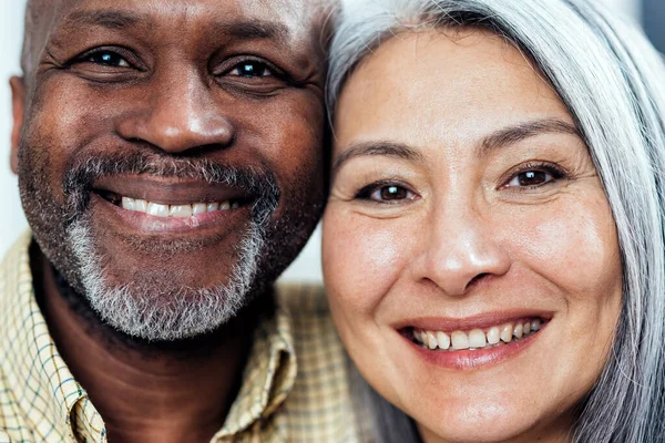 Cinematic Image Happy Multiethnic Senior Couple Indoors Lifestyle Moments Home — Stock Photo, Image