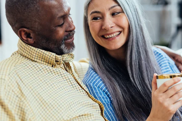 Cinematic Image Happy Multiethnic Senior Couple Indoors Lifestyle Moments Home — Stock Photo, Image