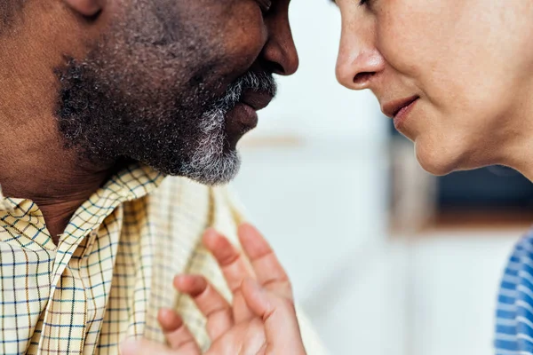 Cinematic Image Happy Multiethnic Senior Couple Indoors Lifestyle Moments Home — Stock Photo, Image