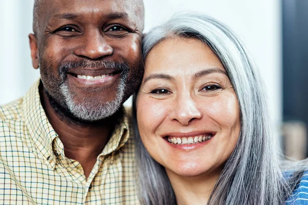 Cinematic Image Happy Multiethnic Senior Couple Indoors Lifestyle Moments Home — Stock Photo, Image