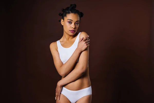 Beauty Portrait Beautiful Black Woman Wearing Lingerie Underwear Pretty African — стокове фото