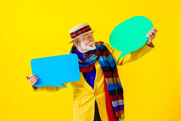 Cool Senior Man Fashionable Clothing Style Portrait Colored Background Funny — Fotografia de Stock