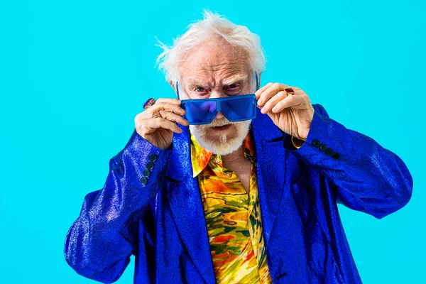 Cool Senior Man Fashionable Clothing Style Portrait Colored Background Funny — Fotografia de Stock