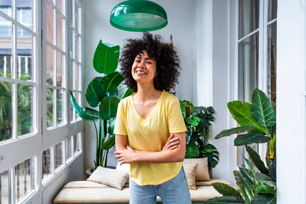 Beautiful Latino Young Woman Home Pretty South American Curly Hair — Stock Photo, Image