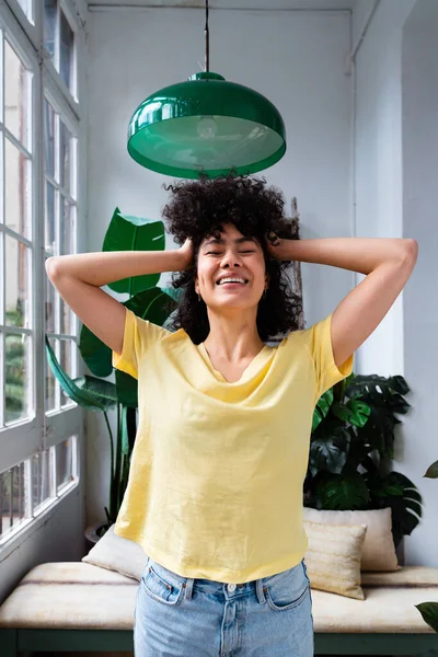 Beautiful Latino Young Woman Home Pretty South American Curly Hair — Stock Photo, Image