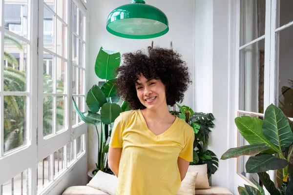 Beautiful Latino Young Woman Home Pretty South American Curly Hair — Stock Photo, Image