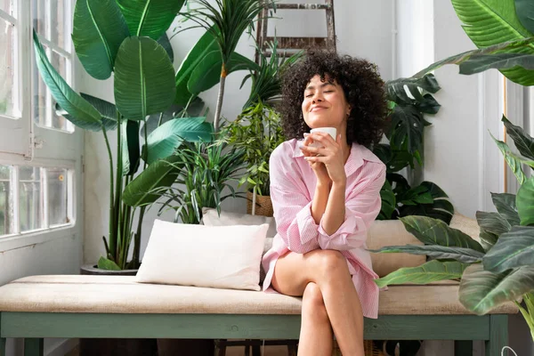 Beautiful Latino Young Woman Home Pretty South American Curly Hair — Stock Photo, Image