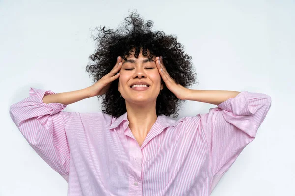 Beautiful Latino Young Woman Home Pretty South American Curly Hair — Stock Photo, Image