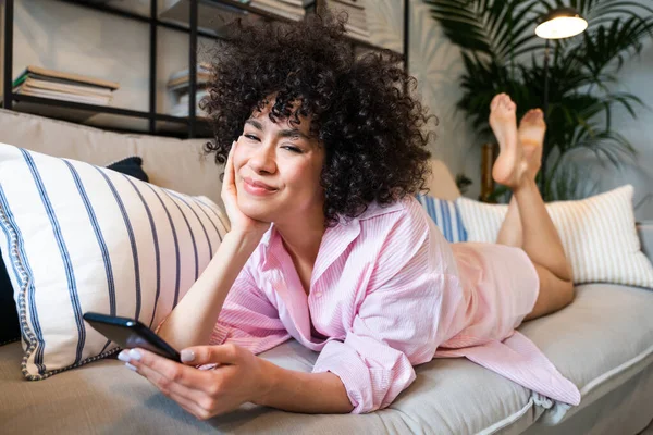 Beautiful Latino Young Woman Home Pretty South American Curly Hair — Stock Photo, Image