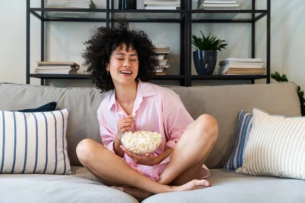 Beautiful Latino Young Woman Home Pretty South American Curly Hair — Stock Photo, Image