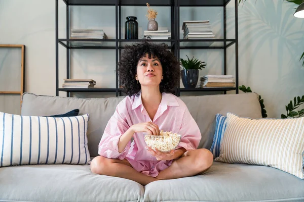 Beautiful Latino Young Woman Home Pretty South American Curly Hair — Stock Photo, Image