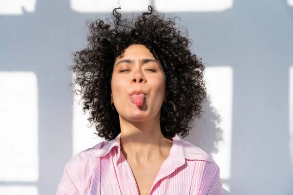 Beautiful Latino Young Woman Home Pretty South American Curly Hair — Foto Stock