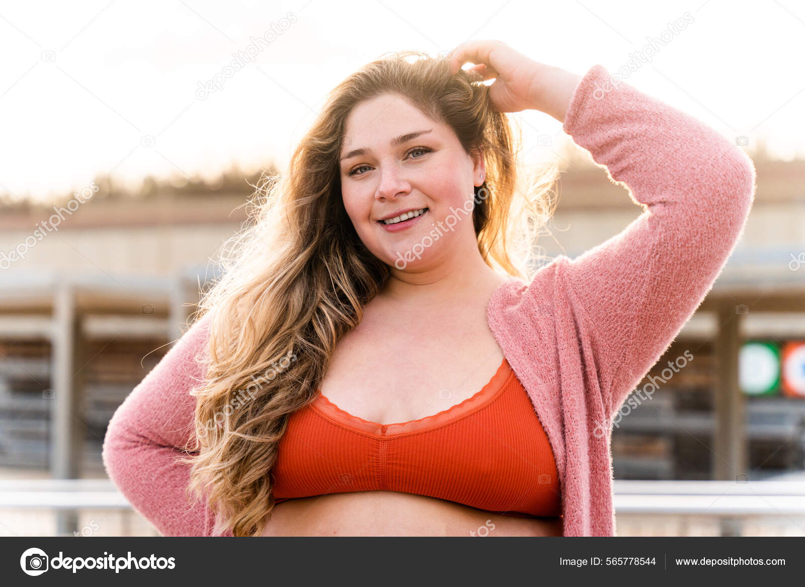 Beautiful Cheerful Size Young Woman Outdoors Pretty Overweight Curvy Female  Stock Photo by ©oneinchpunch 565778544
