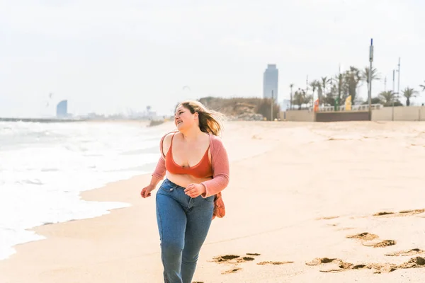 Beautiful Cheerful Size Young Woman Outdoors Pretty Overweight Curvy Female — Stock Photo, Image