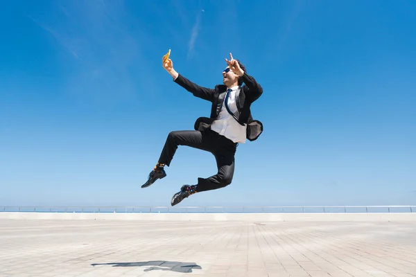 Happy Handsome Adult Businessman Wearing Elegant Suit Doing Acrobatic Trick — Φωτογραφία Αρχείου
