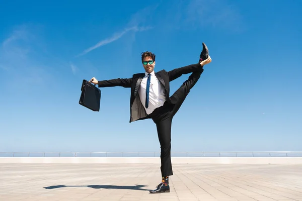 Happy Handsome Adult Businessman Wearing Elegant Suit Doing Acrobatic Trick — Foto Stock