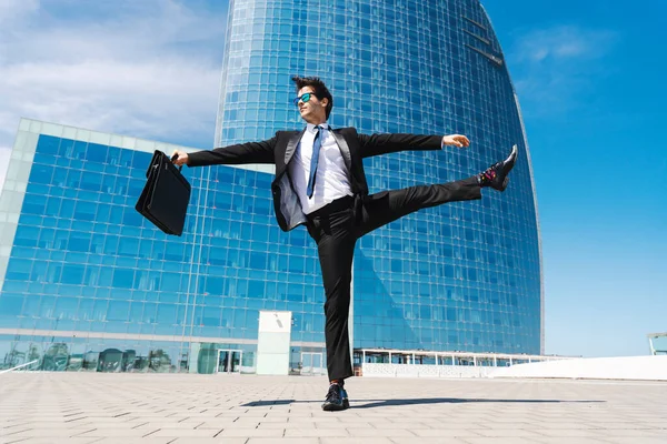 Happy Handsome Adult Businessman Wearing Elegant Suit Doing Acrobatic Trick — Stock Photo, Image