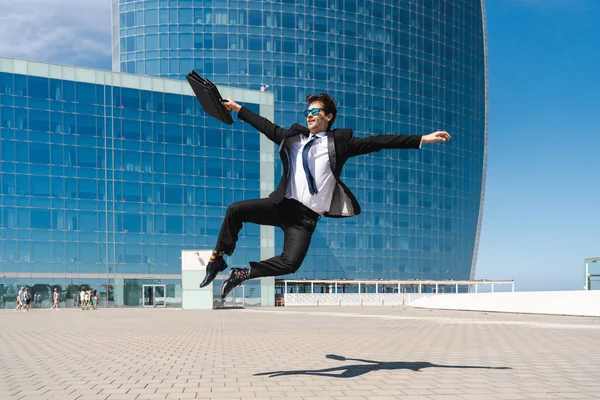 Happy Handsome Adult Businessman Wearing Elegant Suit Doing Acrobatic Trick — Stok fotoğraf