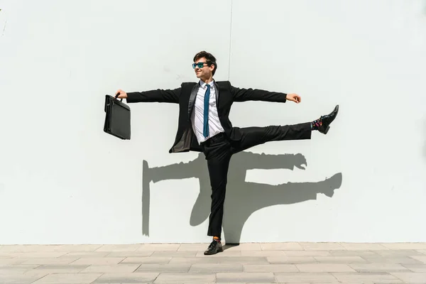 Happy Handsome Adult Businessman Wearing Elegant Suit Doing Acrobatic Trick — 스톡 사진