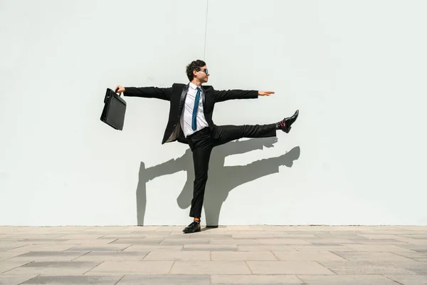 Happy Handsome Adult Businessman Wearing Elegant Suit Doing Acrobatic Trick — Stock Fotó