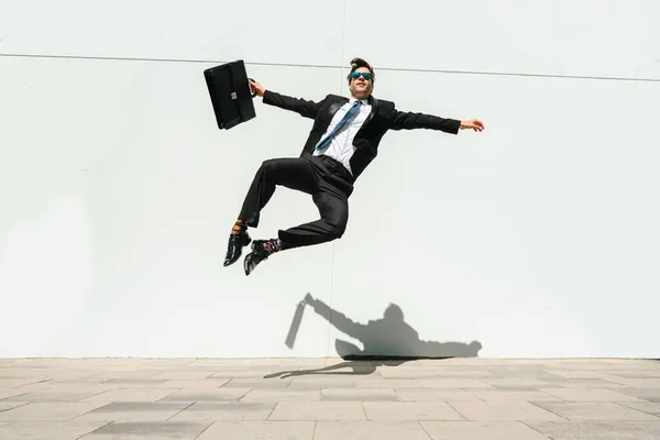 Happy Handsome Adult Businessman Wearing Elegant Suit Doing Acrobatic Trick — Stok fotoğraf