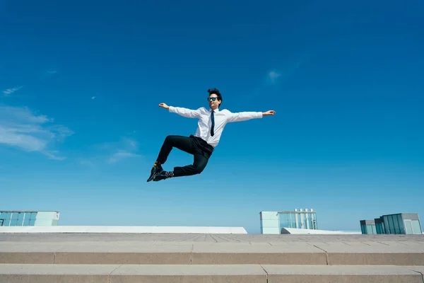 Happy Handsome Adult Businessman Wearing Elegant Suit Doing Acrobatic Trick — Stock Photo, Image