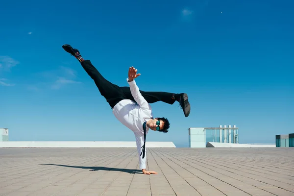 Happy Handsome Adult Businessman Wearing Elegant Suit Doing Acrobatic Trick — Stock Photo, Image