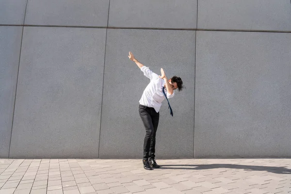 Happy Handsome Adult Businessman Wearing Elegant Suit Doing Acrobatic Trick — Stock Photo, Image