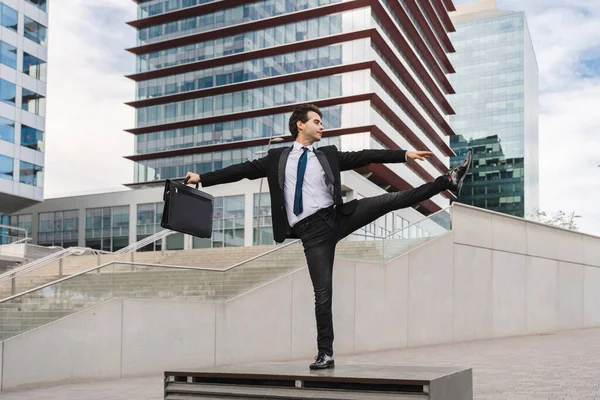 Happy Handsome Adult Businessman Wearing Elegant Suit Doing Acrobatic Trick — Fotografia de Stock