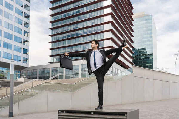 Happy Handsome Adult Businessman Wearing Elegant Suit Doing Acrobatic Trick — Stok fotoğraf