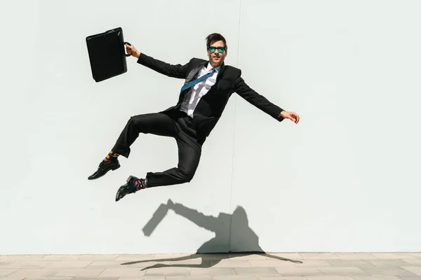 Happy Handsome Adult Businessman Wearing Elegant Suit Doing Acrobatic Trick — Foto Stock