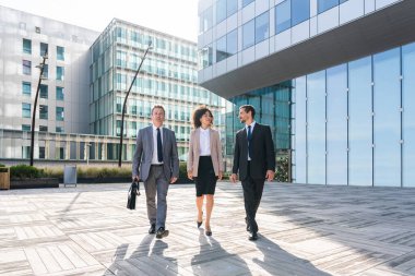 Multiracial group of business people bonding outdoors - International business corporate team wearing elegant suit meeting in a business park