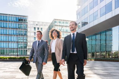 Multiracial group of business people bonding outdoors - International business corporate team wearing elegant suit meeting in a business park