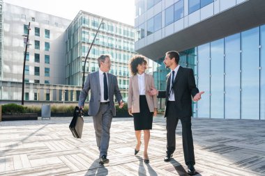 Multiracial group of business people bonding outdoors - International business corporate team wearing elegant suit meeting in a business park