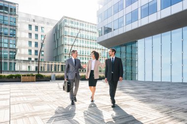 Multiracial group of business people bonding outdoors - International business corporate team wearing elegant suit meeting in a business park