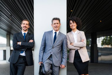 Multiracial group of business people bonding outdoors - International business corporate team wearing elegant suit meeting in a business park