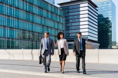 Multiracial group of business people bonding outdoors - International business corporate team wearing elegant suit meeting in a business park