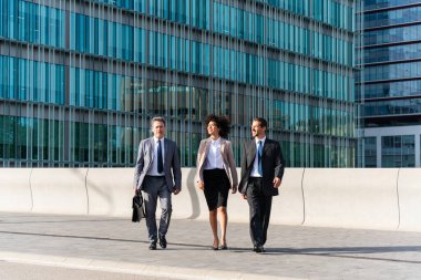 Multiracial group of business people bonding outdoors - International business corporate team wearing elegant suit meeting in a business park
