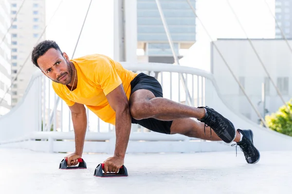 Black Hispanic Sportsman Training Outdoors City African Man Fit Muscular — 스톡 사진