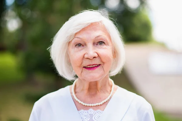 Mulher Idosa Sênior Bonita Com Retrato Cabelo Prata Livre — Fotografia de Stock